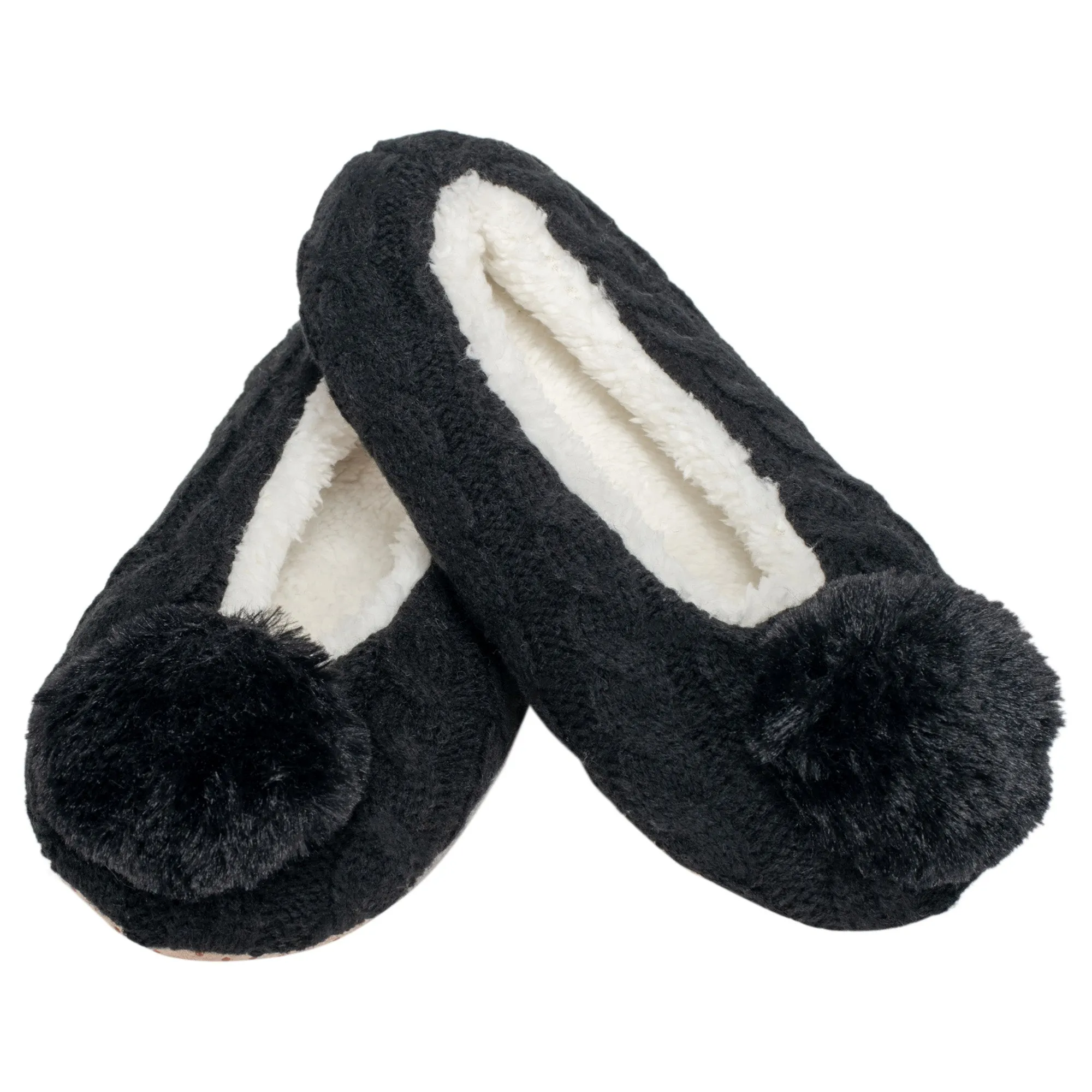 Ballerina Knit Pom Womens Plush Lined Cozy Non Slip Indoor Soft Slipper - Black, Medium