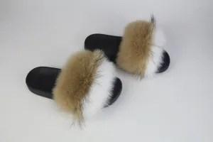 Beige | White XL Real Fur Slippers