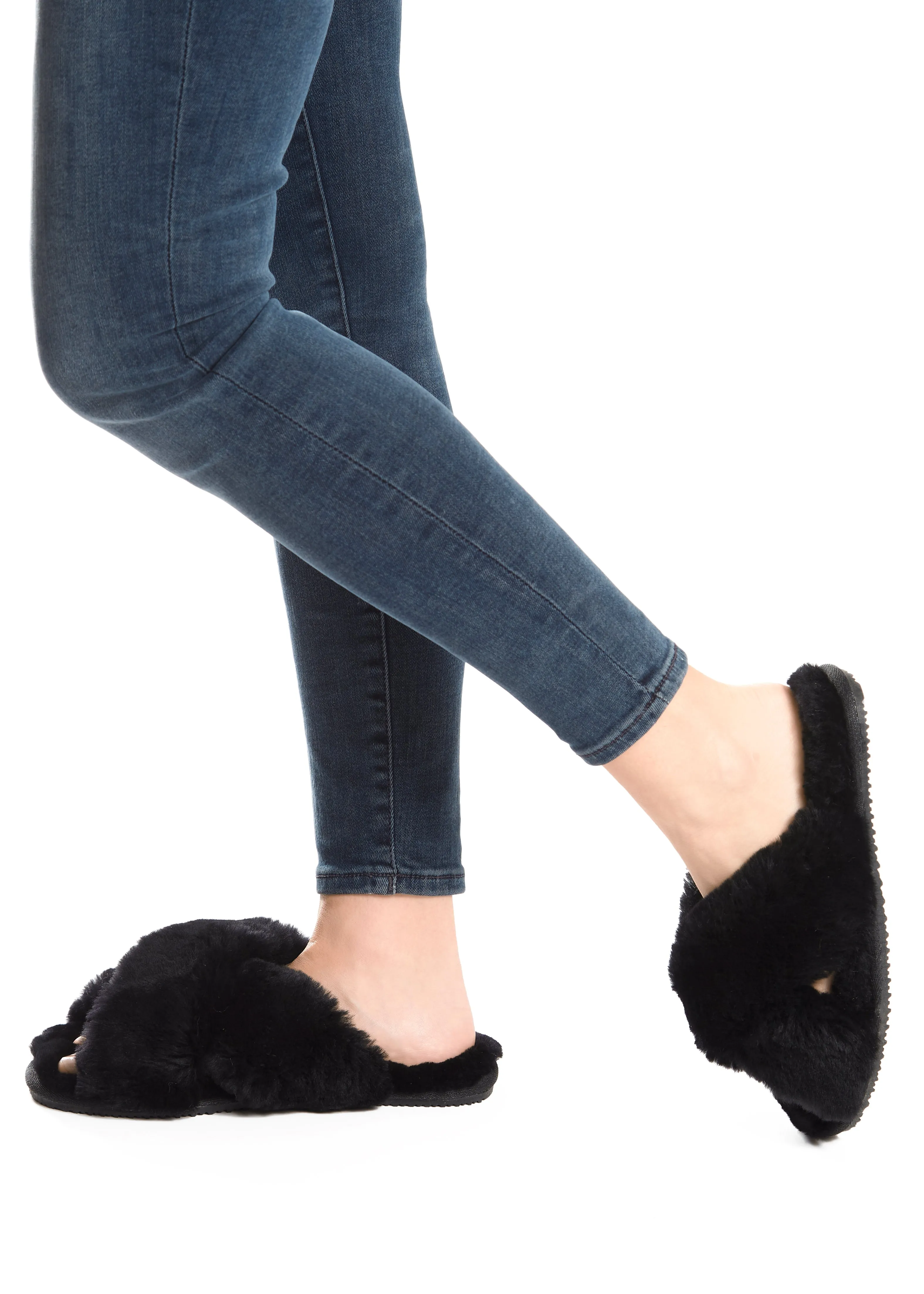 Black Criss Cross Luxury Sheepskin Slippers