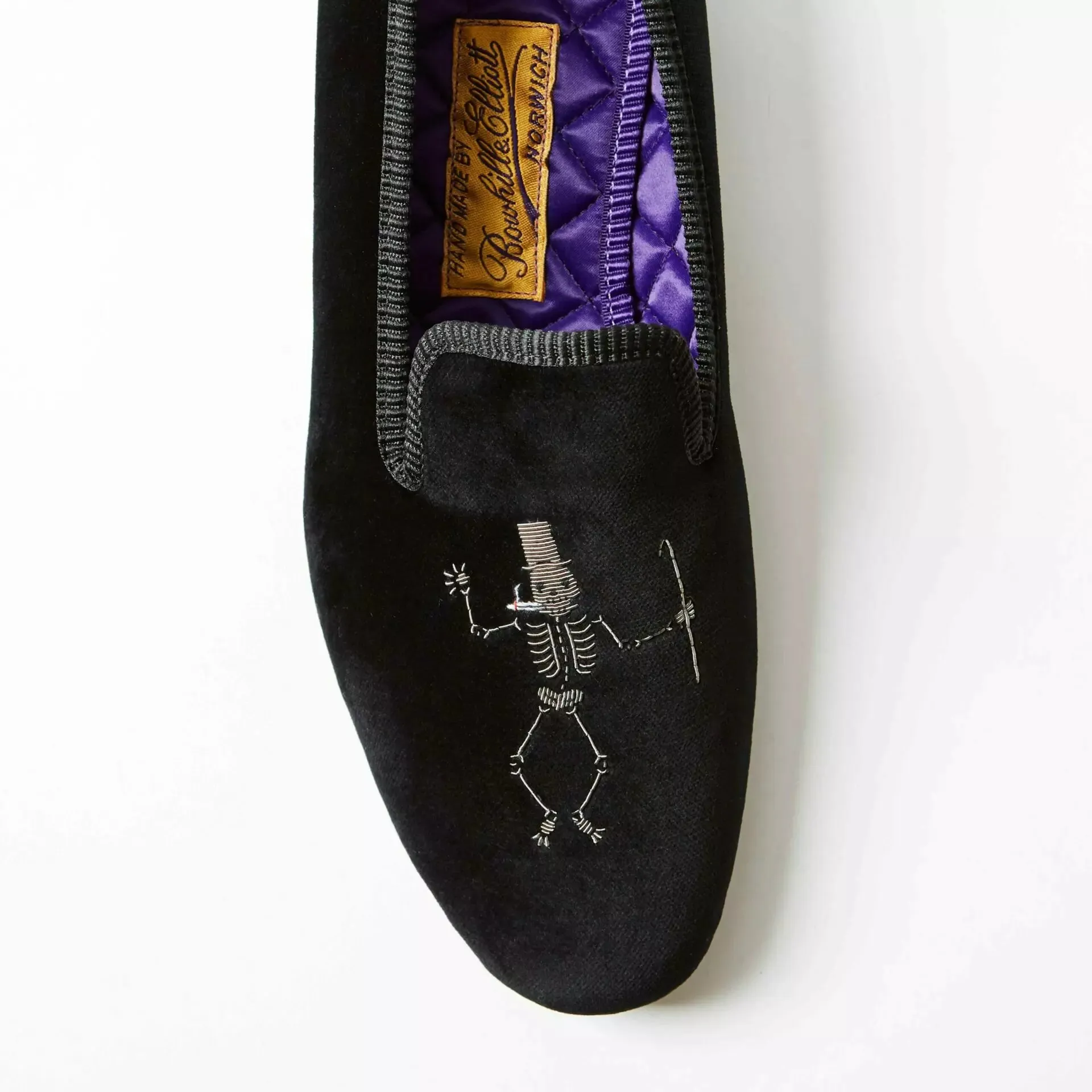 Bowhill & Elliot Black Velvet Albert Slippers with Embroidered Cabaret Skeleton