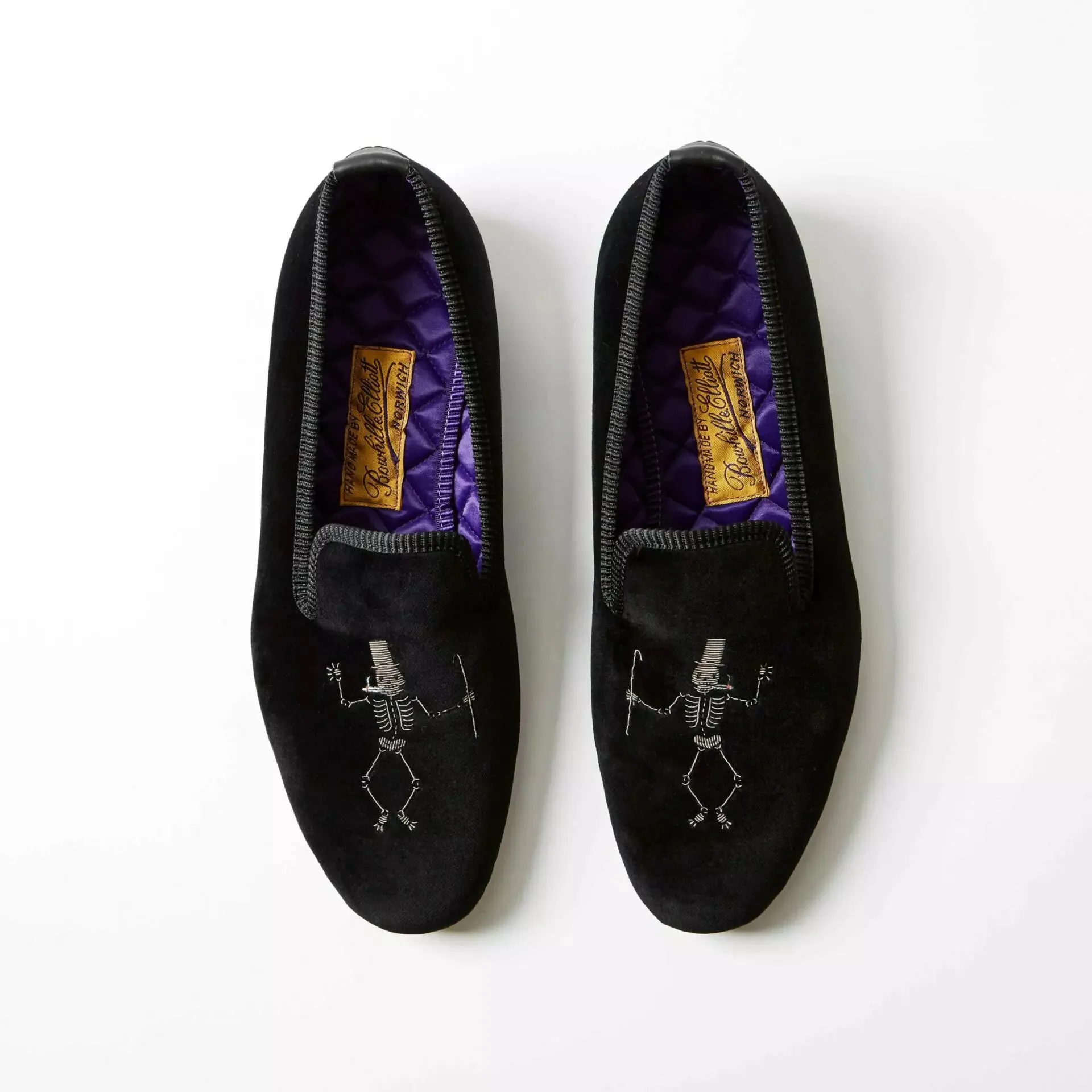 Bowhill & Elliot Black Velvet Albert Slippers with Embroidered Cabaret Skeleton