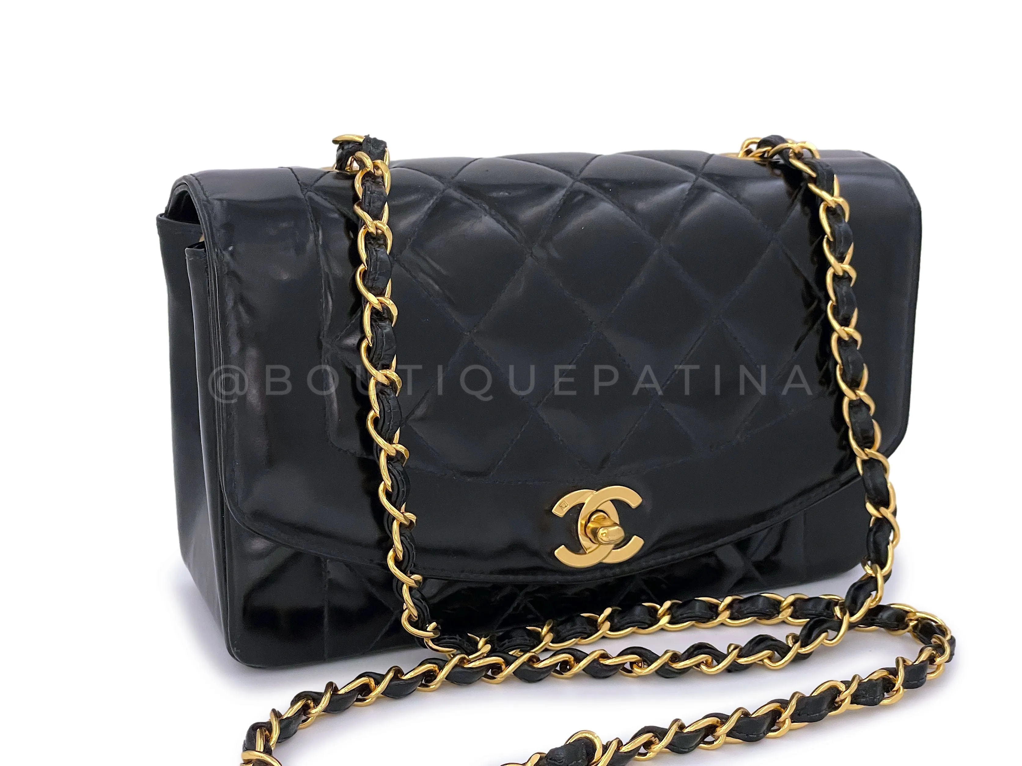 Chanel 1995 Vintage Black Patent Small Diana Flap Bag 24k GHW