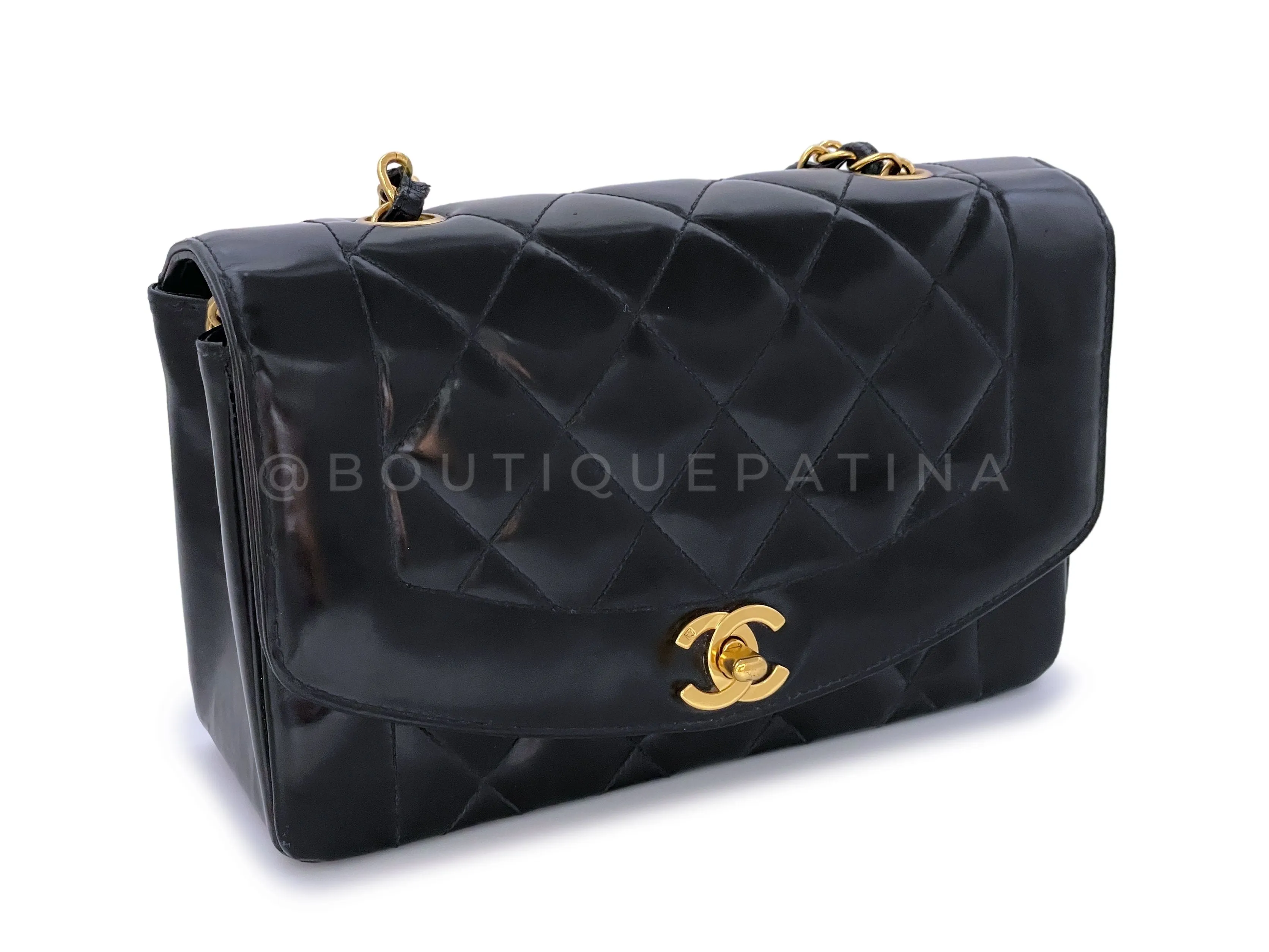 Chanel 1995 Vintage Black Patent Small Diana Flap Bag 24k GHW