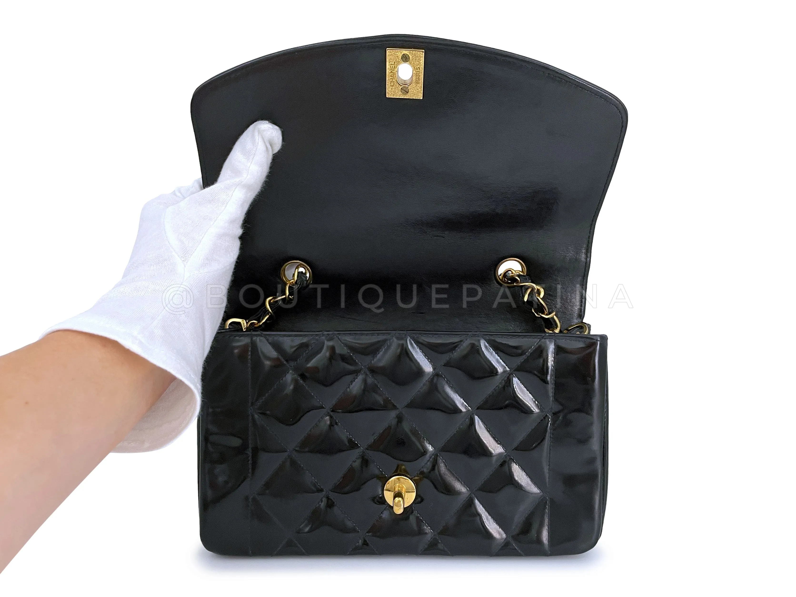 Chanel 1995 Vintage Black Patent Small Diana Flap Bag 24k GHW