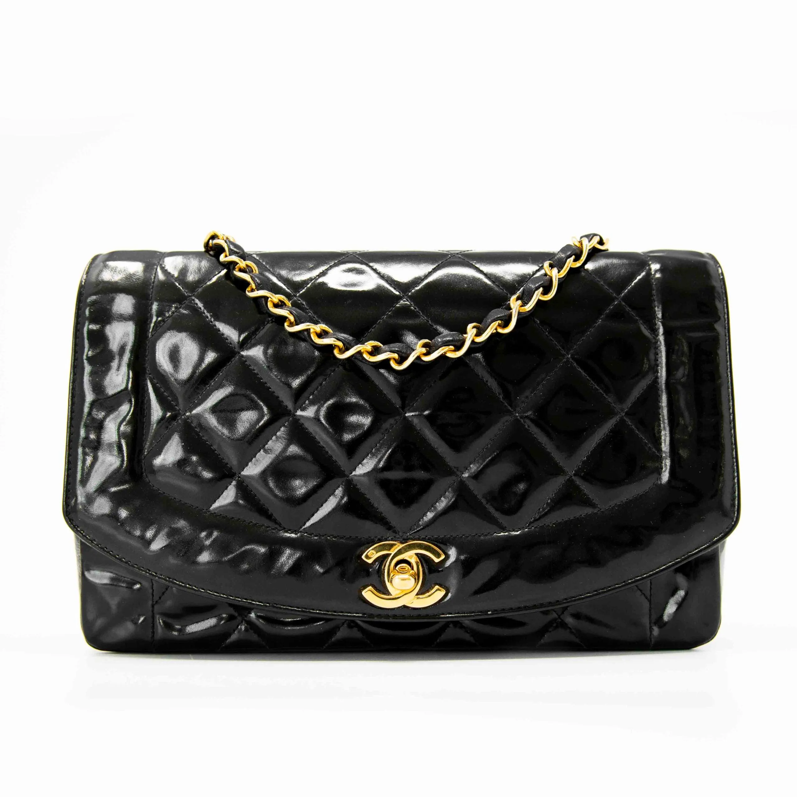 Chanel Vintage Black Patent Medium Diana Flap