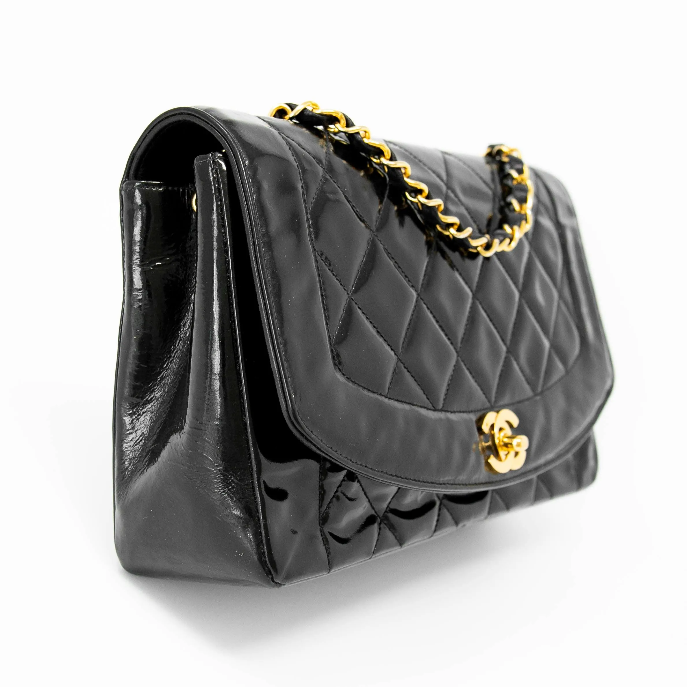 Chanel Vintage Black Patent Medium Diana Flap