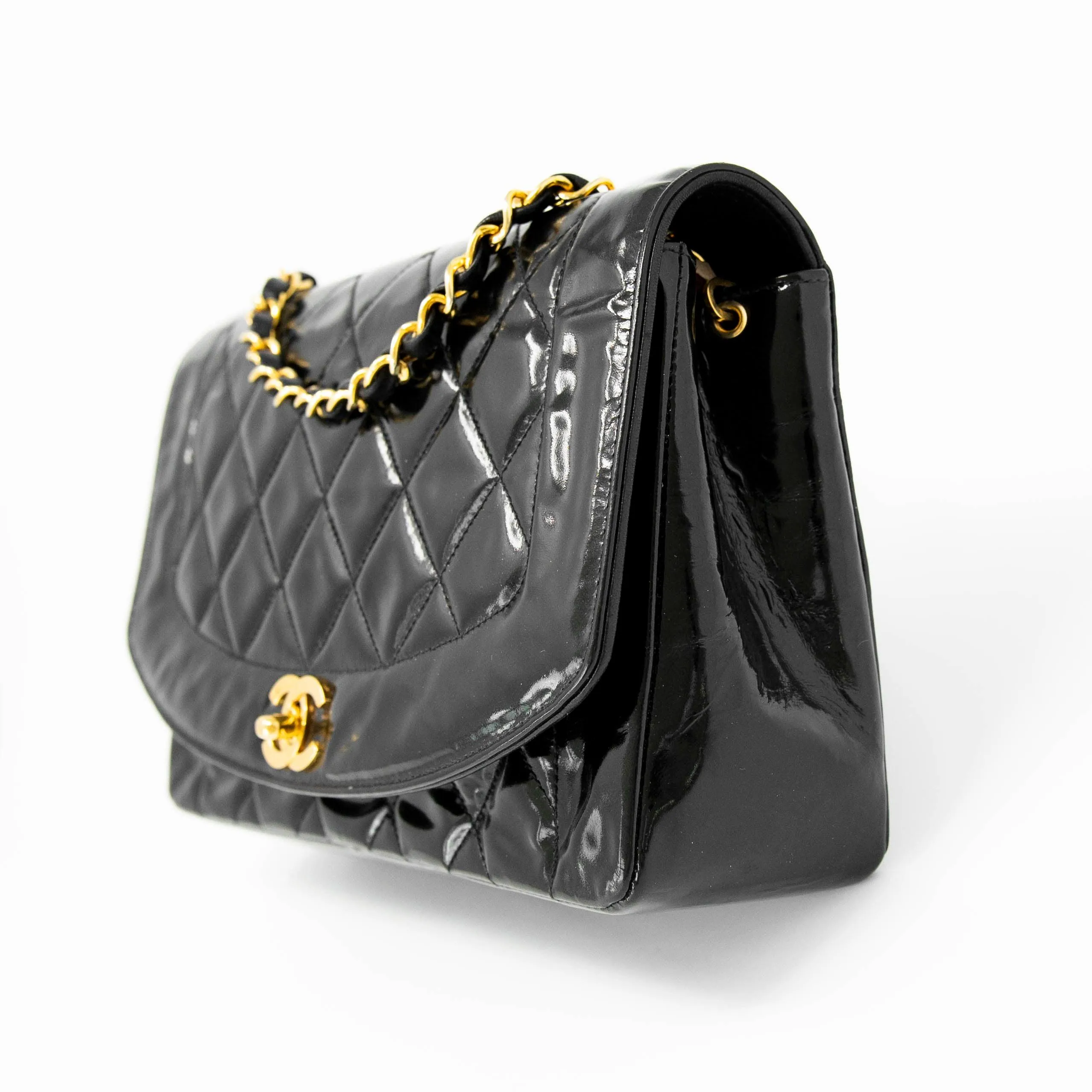 Chanel Vintage Black Patent Medium Diana Flap