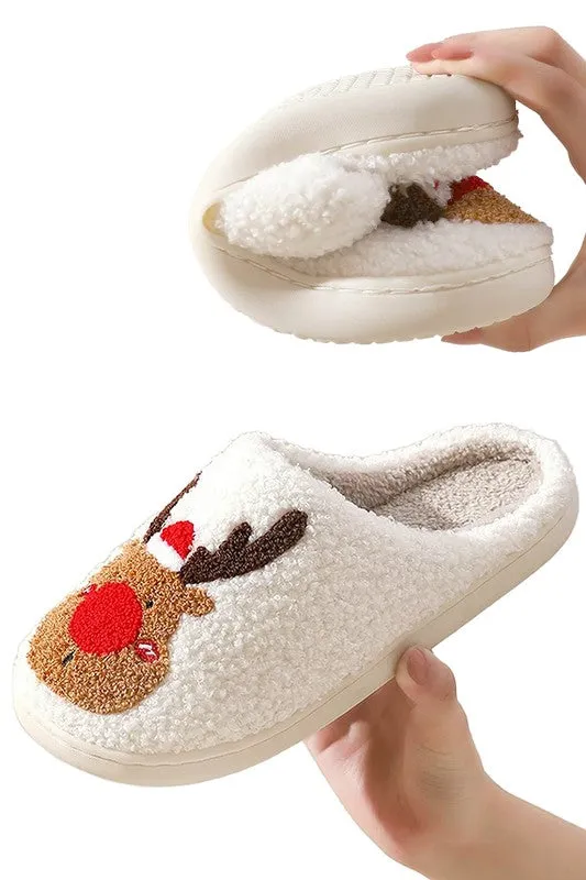 Christmas Santa, Rudolph Terry Fuzzy Fleece Slippers