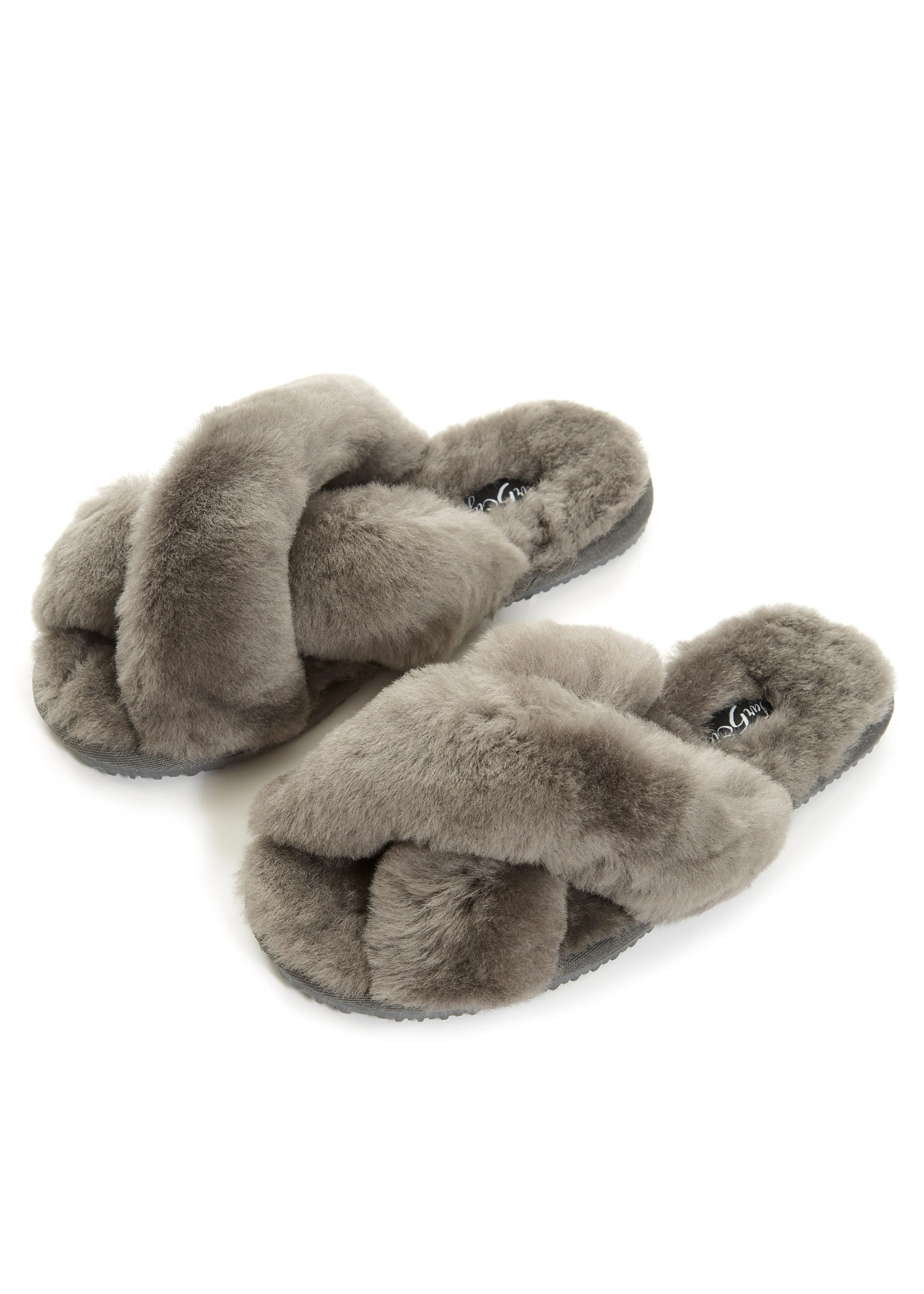 Dark Grey Deep Criss Cross Sheepskin Slippers