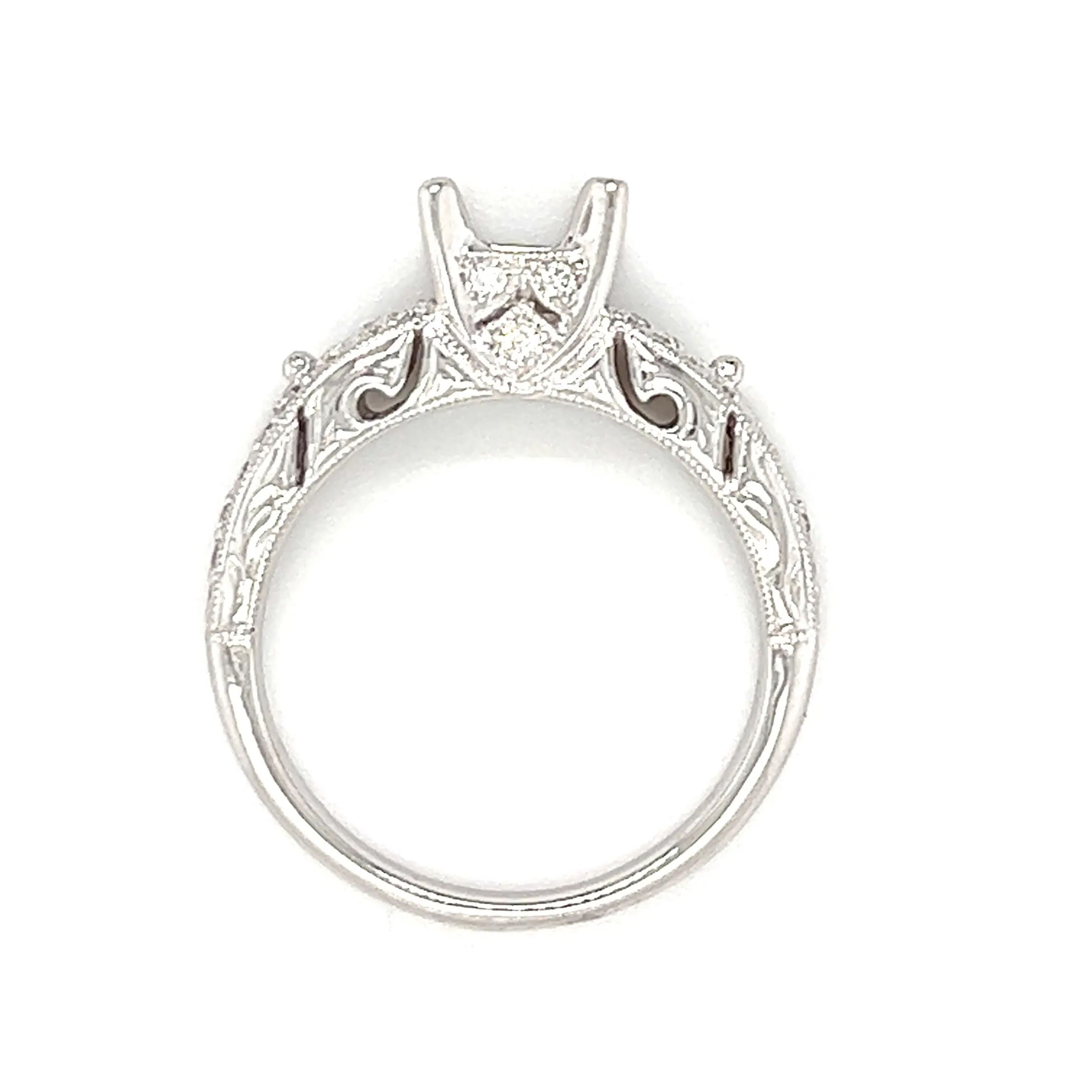 Filigree Engraved Diamond Ring Setting with Twenty-Eight in 14K White Gold