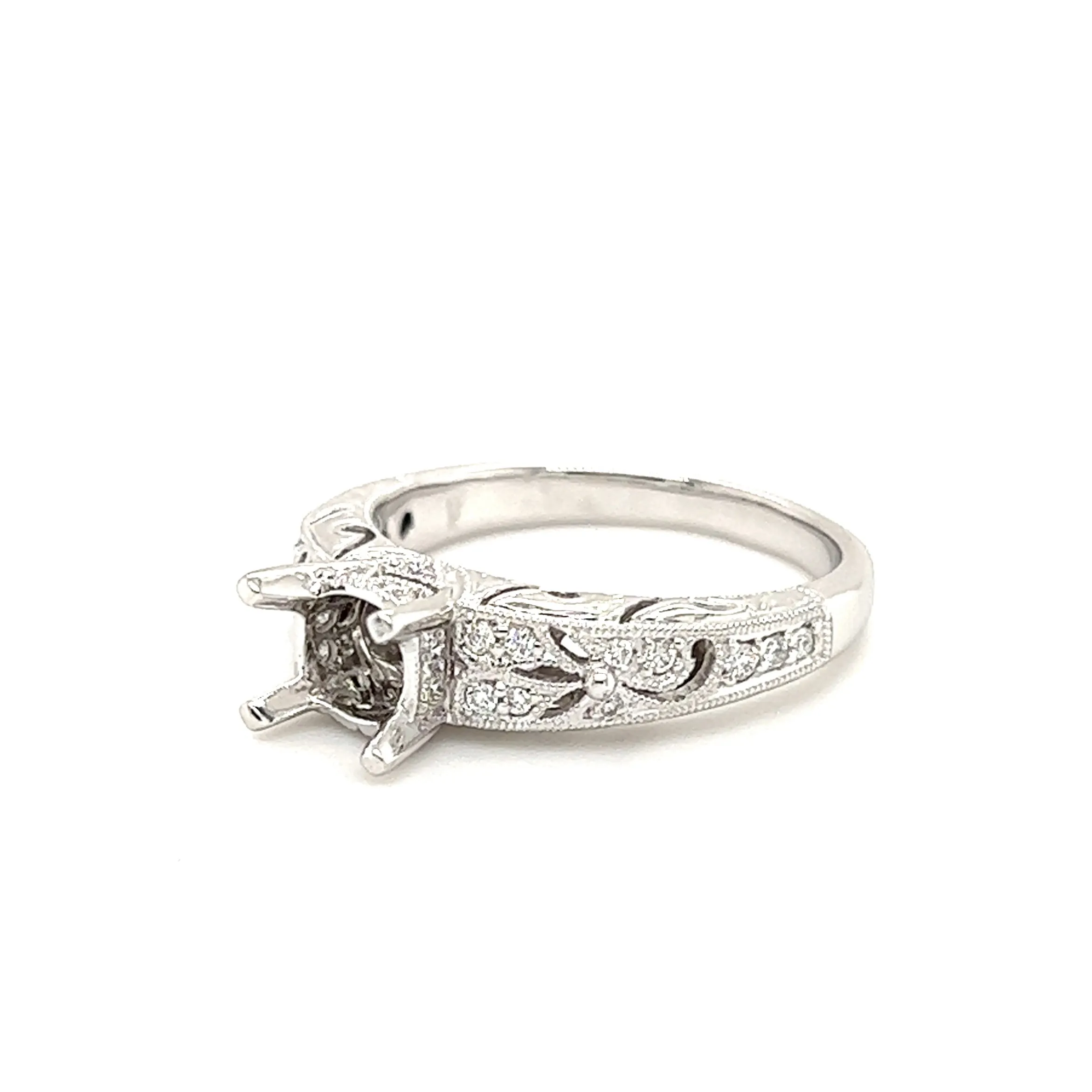 Filigree Engraved Diamond Ring Setting with Twenty-Eight in 14K White Gold