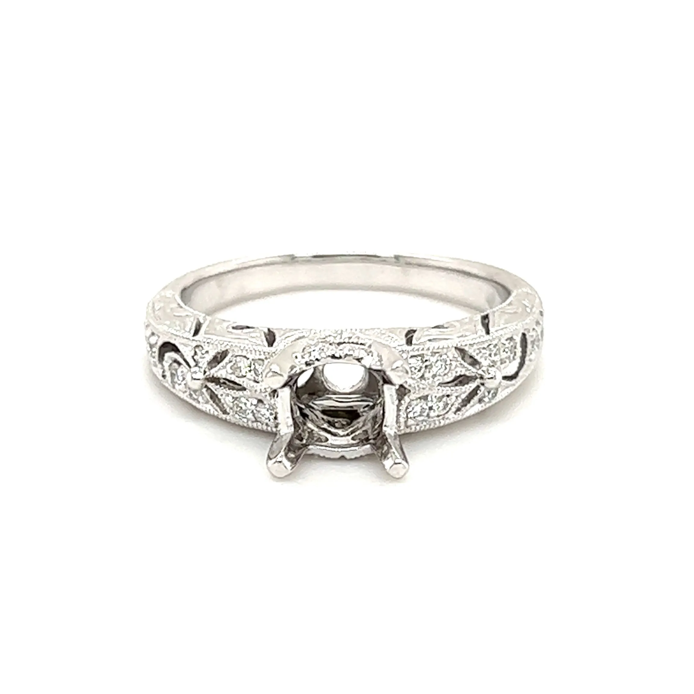 Filigree Engraved Diamond Ring Setting with Twenty-Eight in 14K White Gold