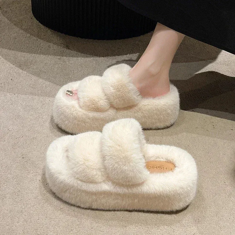 Fluffy Faux Fur Slippers with 7cm Platform – Cozy Fuzzy Slippers for Winter