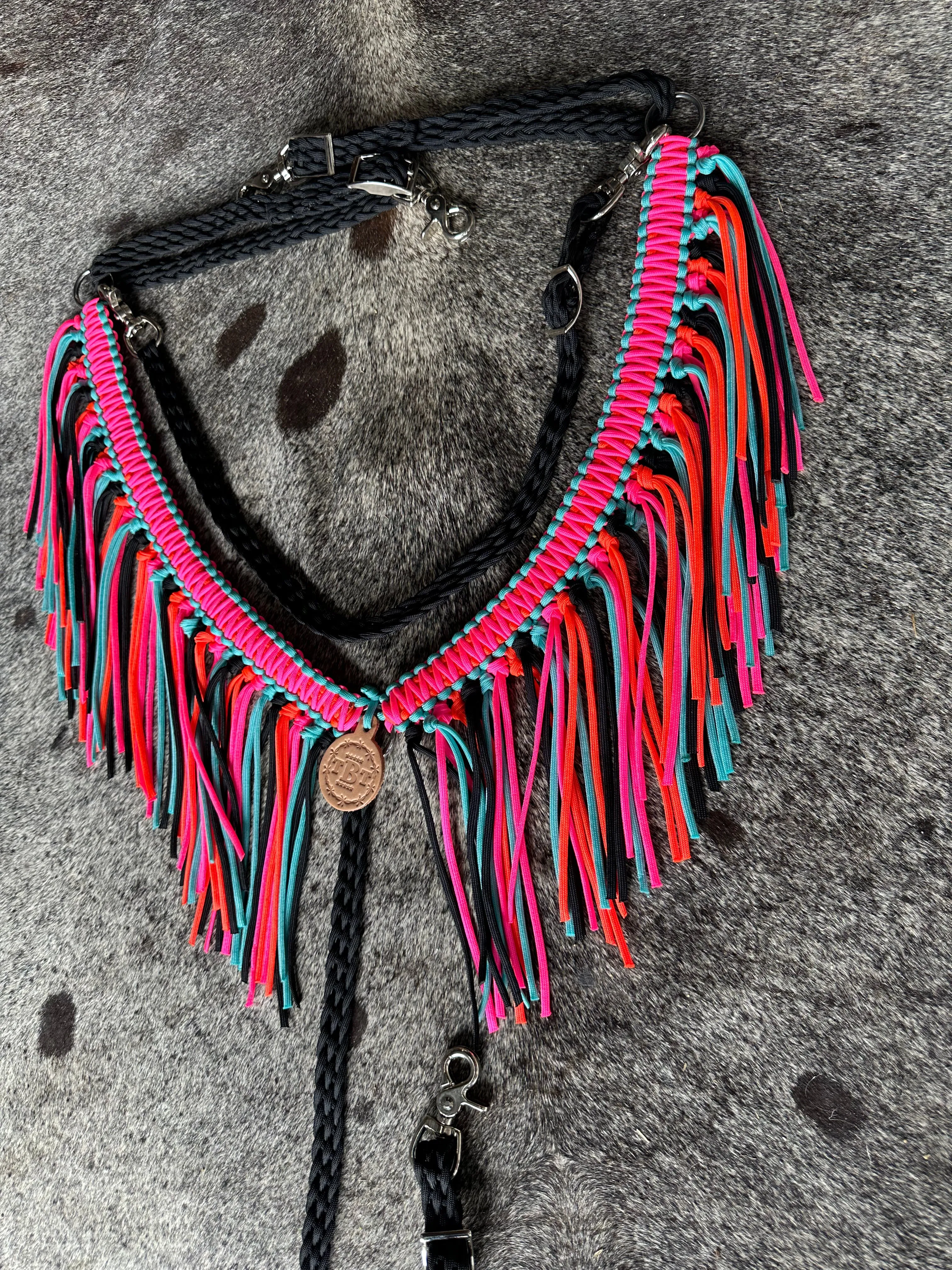 fringe breast collar hot pink,  black,turquoise, and orange  with a wither strap