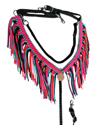 fringe breast collar hot pink,  black,turquoise, and orange  with a wither strap