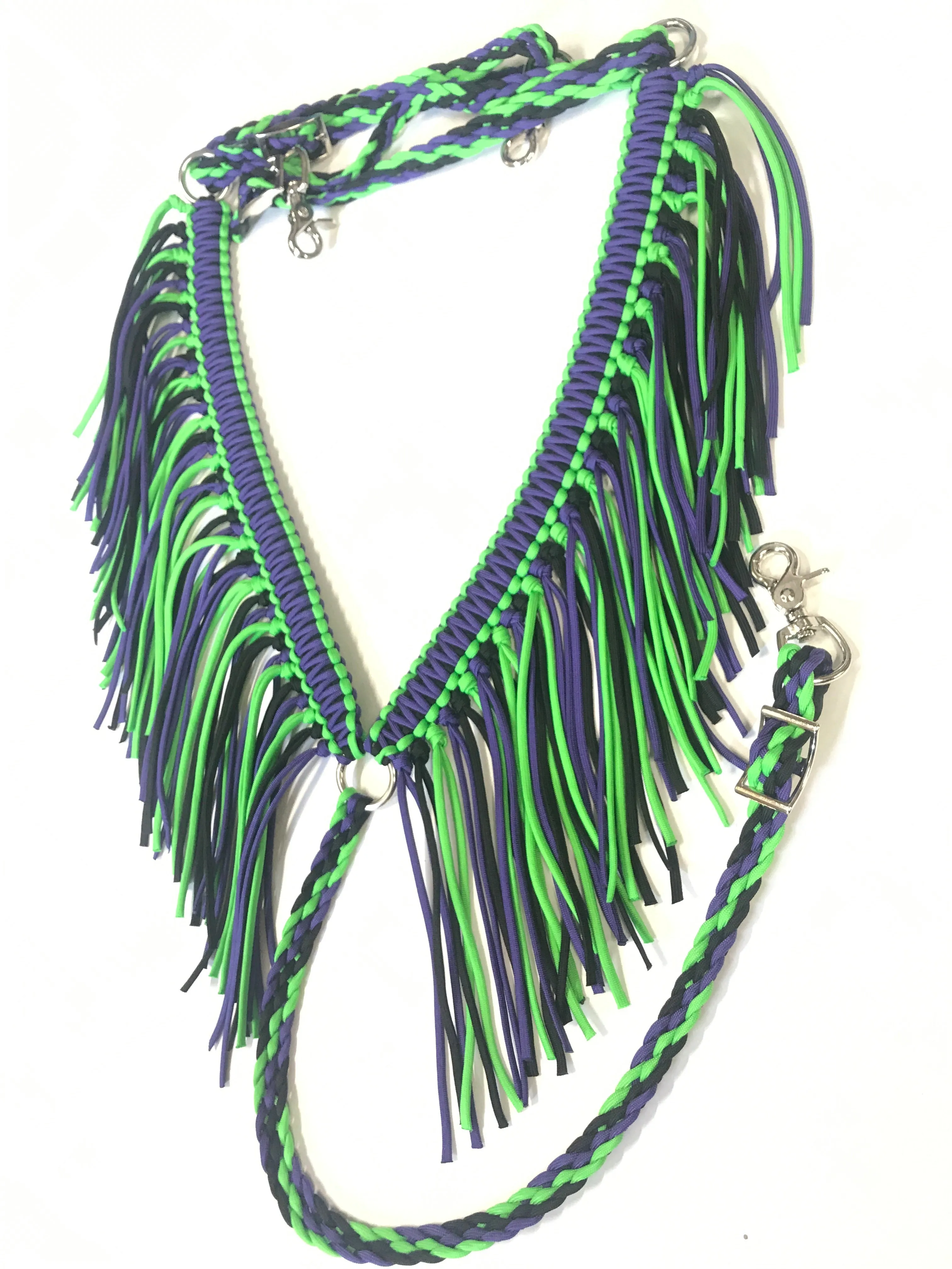 fringe breast collar neon green and neon purple.