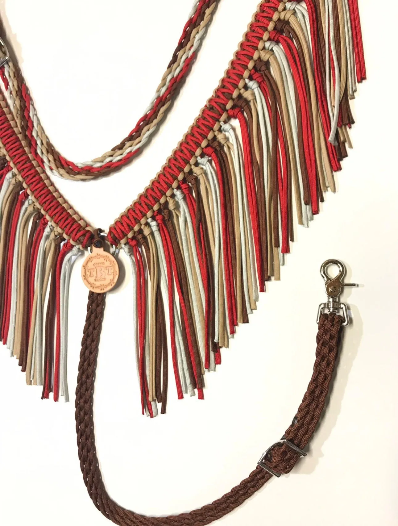 fringe breast collar red brown tan and silver