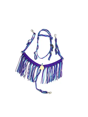 Fringe  Set- Purple, lilac, and neon turquoise with Bitless Bridle