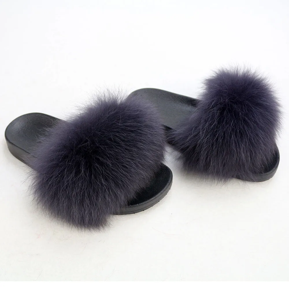 Gray with Navy Shade Real Polar Fox Fur Slippers