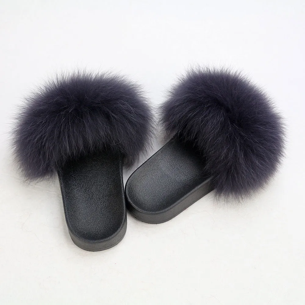 Gray with Navy Shade Real Polar Fox Fur Slippers