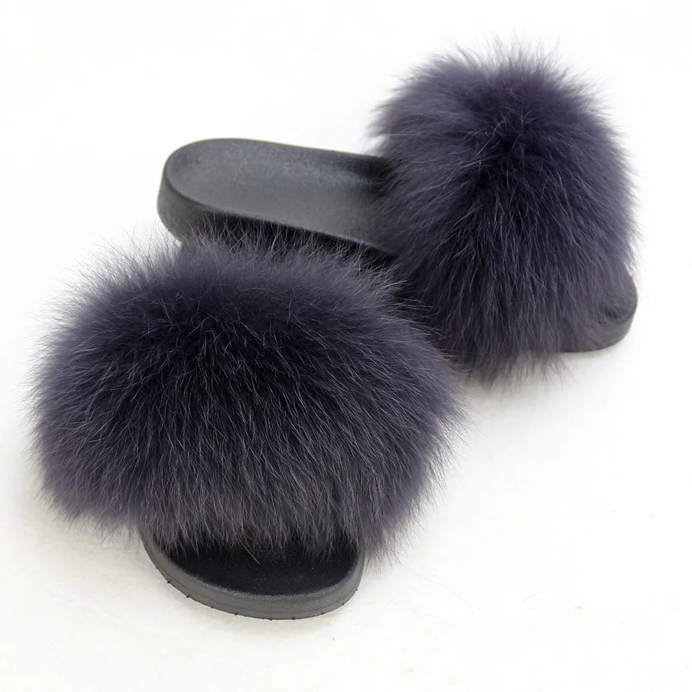 Gray with Navy Shade Real Polar Fox Fur Slippers