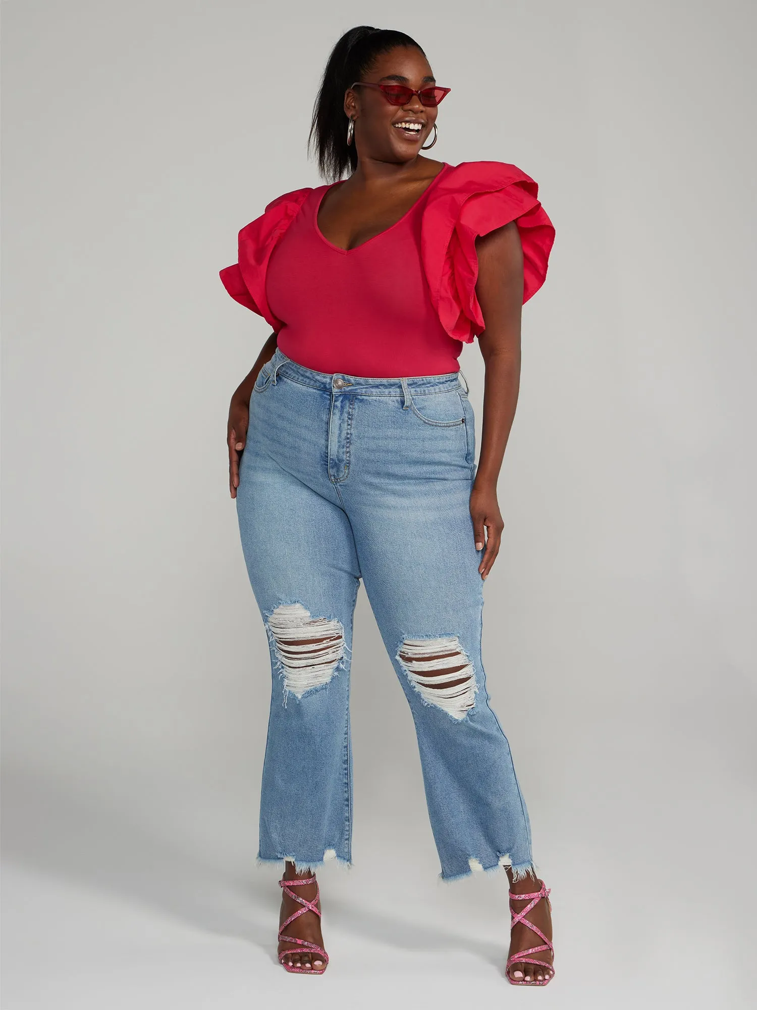 High Rise Destructed Flare Jeans - Short Inseam