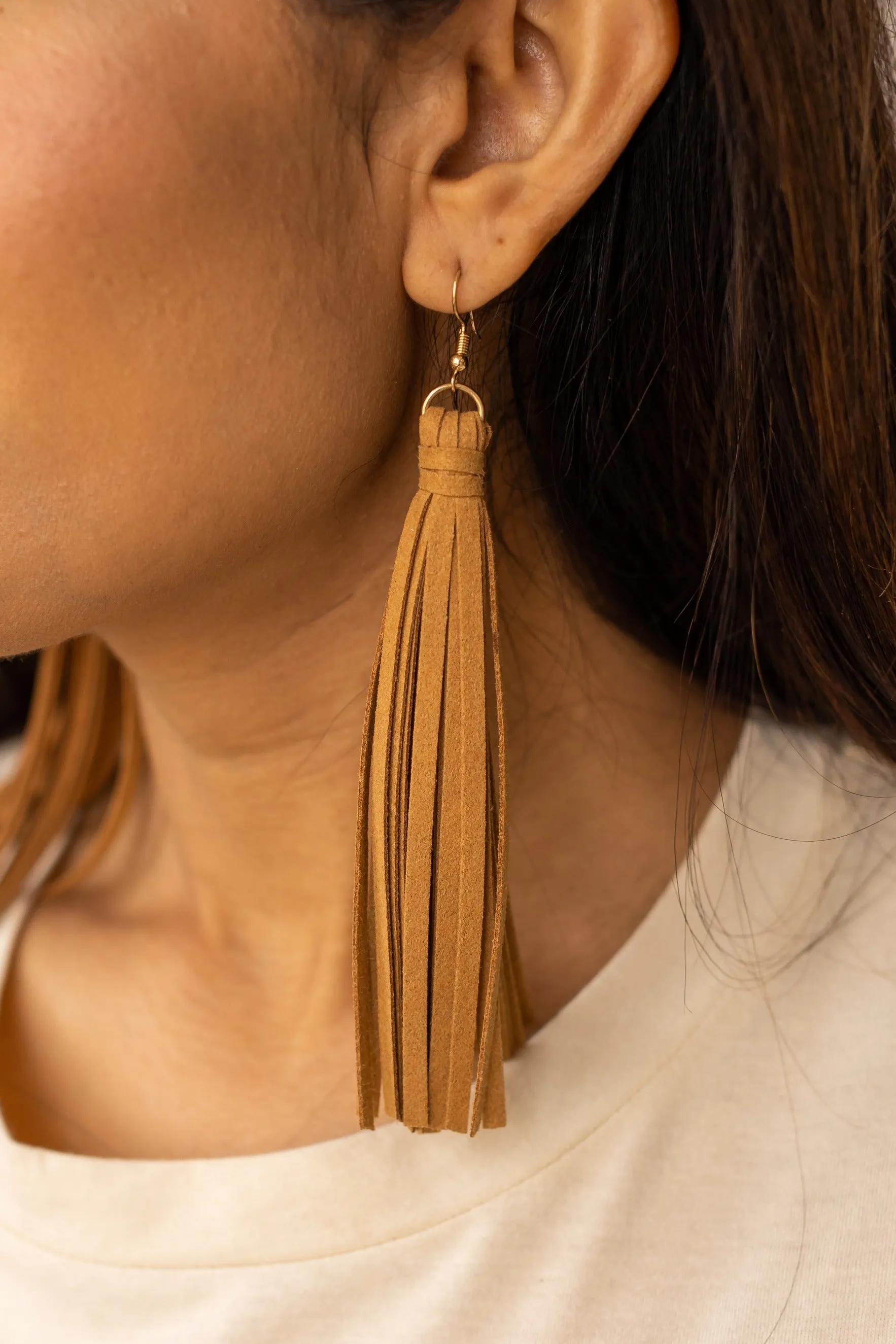 Life is Better in Cowboy Boots Light Brown Fringe Earrings