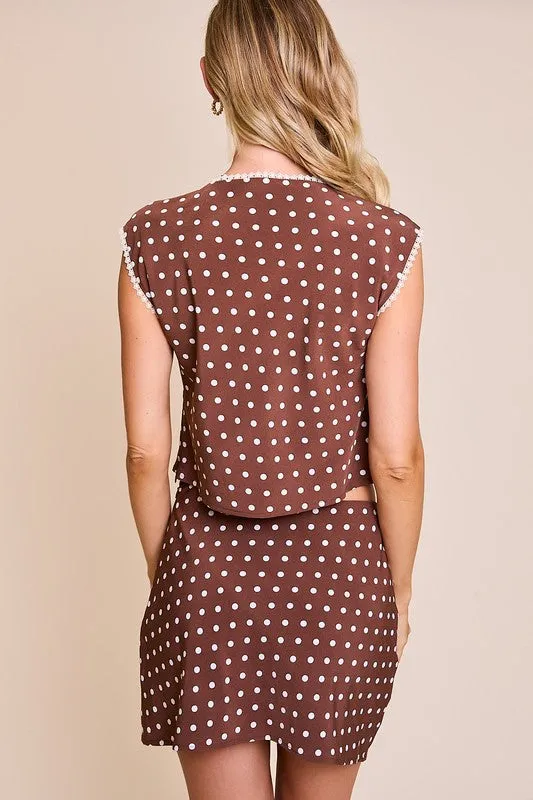 Maggie Sleeveless Polka Dot Print Top And Mini Skirt Set Brown