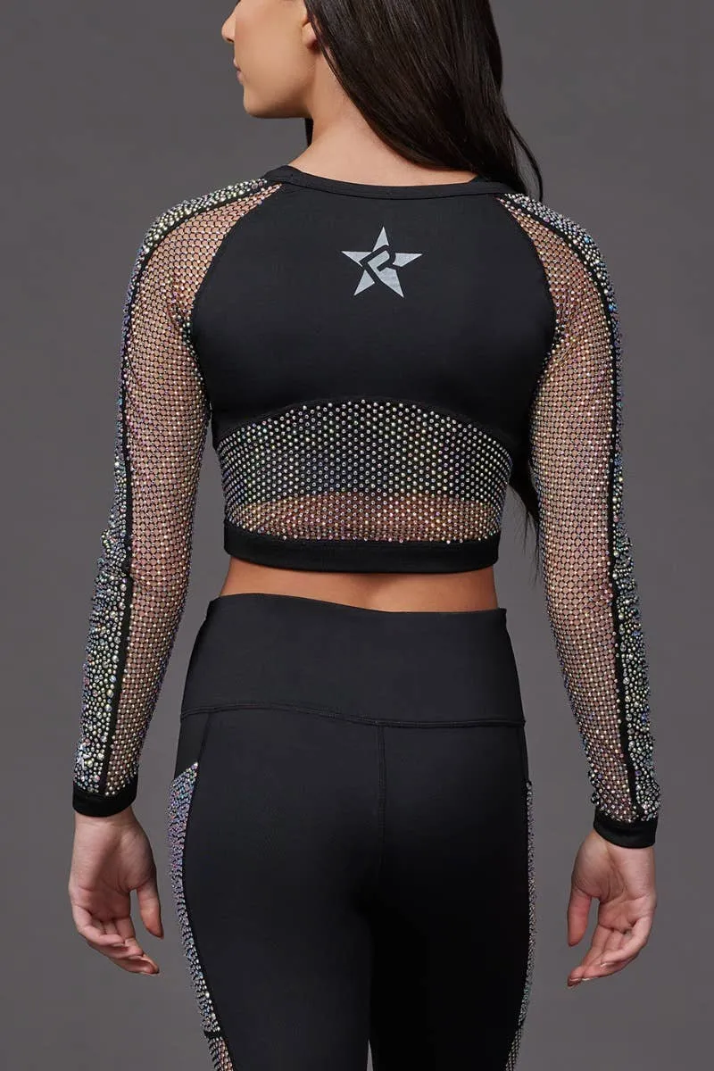 Mesh Crystal Couture Cropped Long Sleeve Top