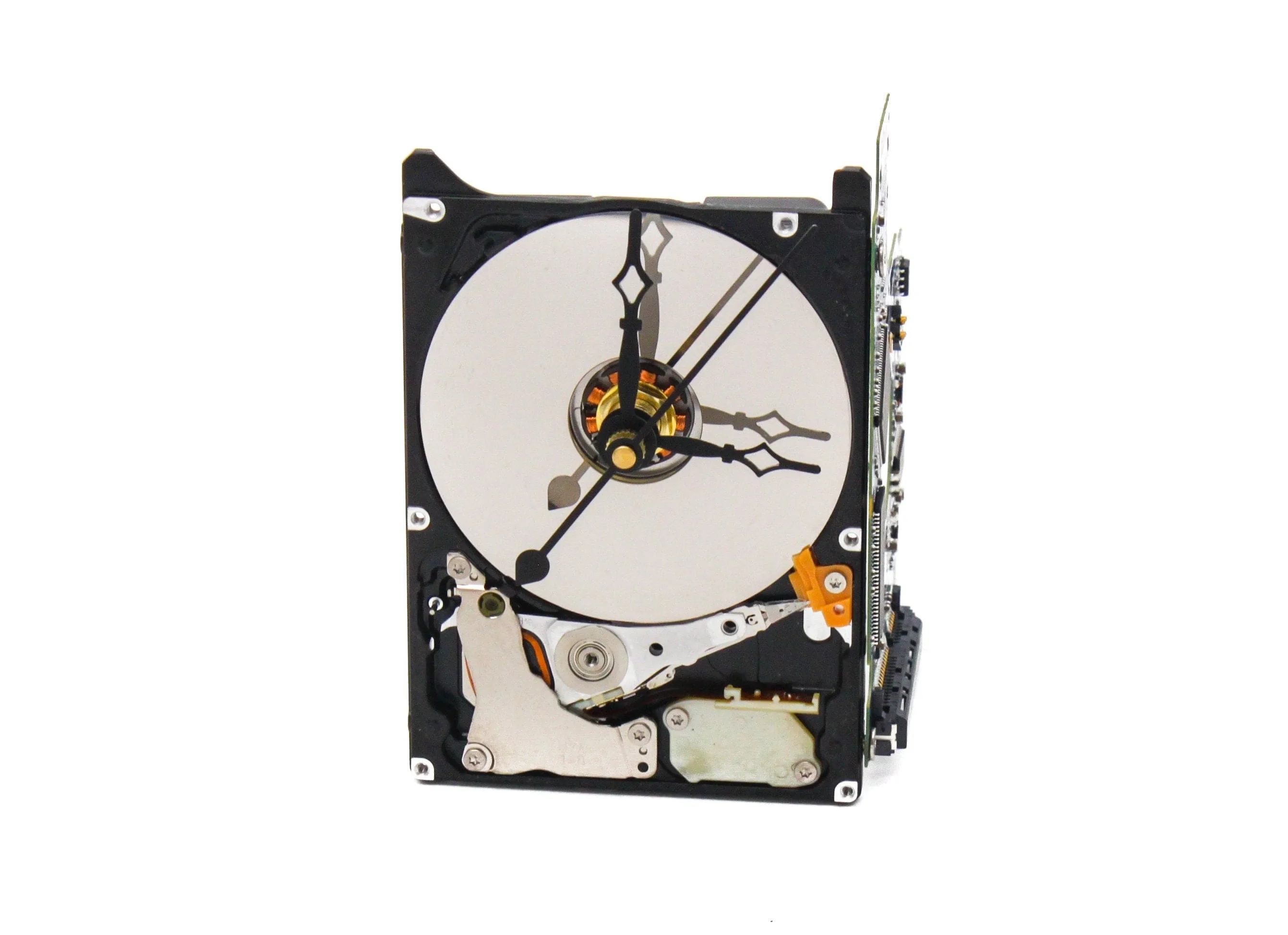 Mini-Me Upcycled Black & Silver Hard Drive Clock and Circuit Board stand - Modern Desk Clock - Gift for geeks - gift for IT