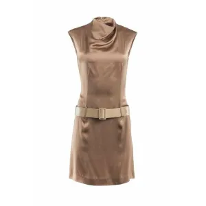 Paco Rabanne Silk Mock Neck Belted Mini Dress