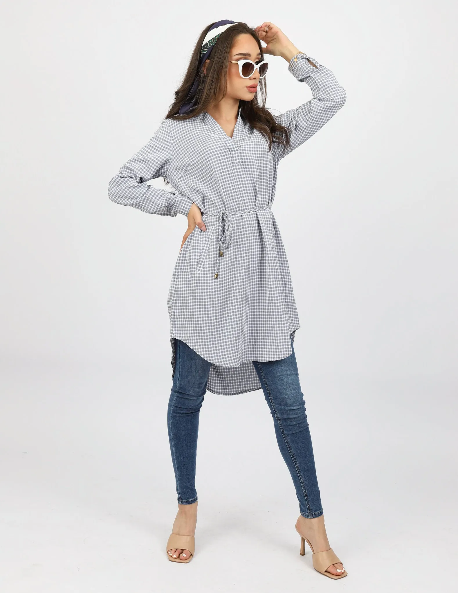 Roll Sleeve Checkered Loop Top